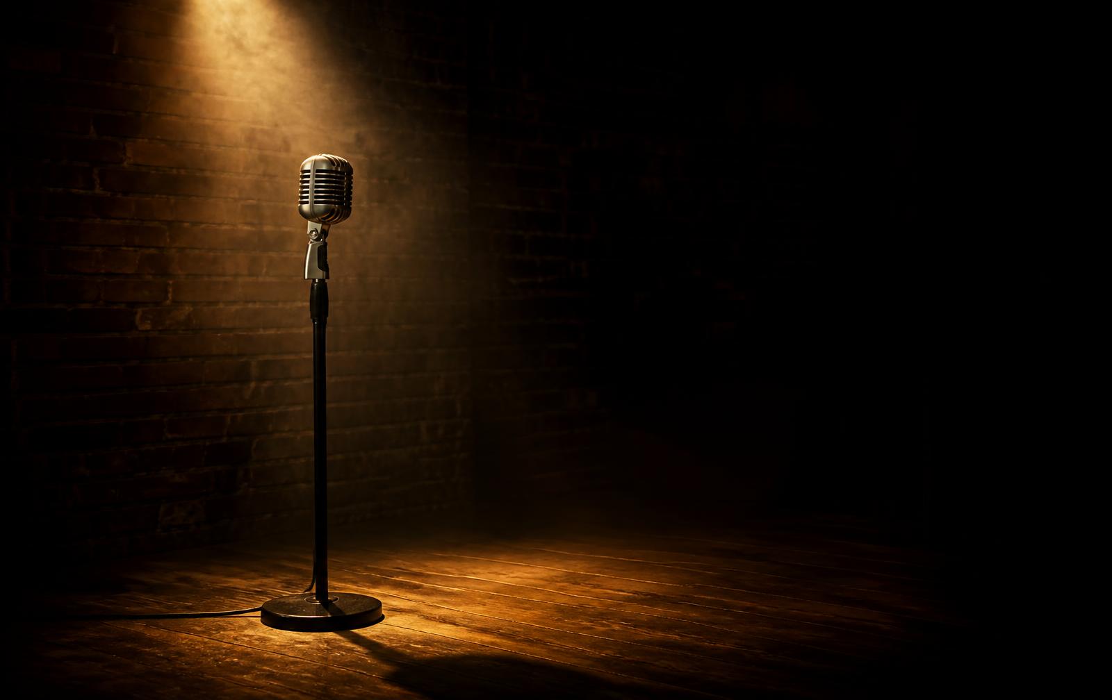 Mikrofon im Spotlight auf einer dunklen Comedy-Bühne